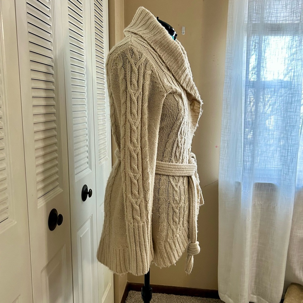 Cabela’s Cable Knit Cardigan L Cream Shawl Collar Belted Cozy Sweater